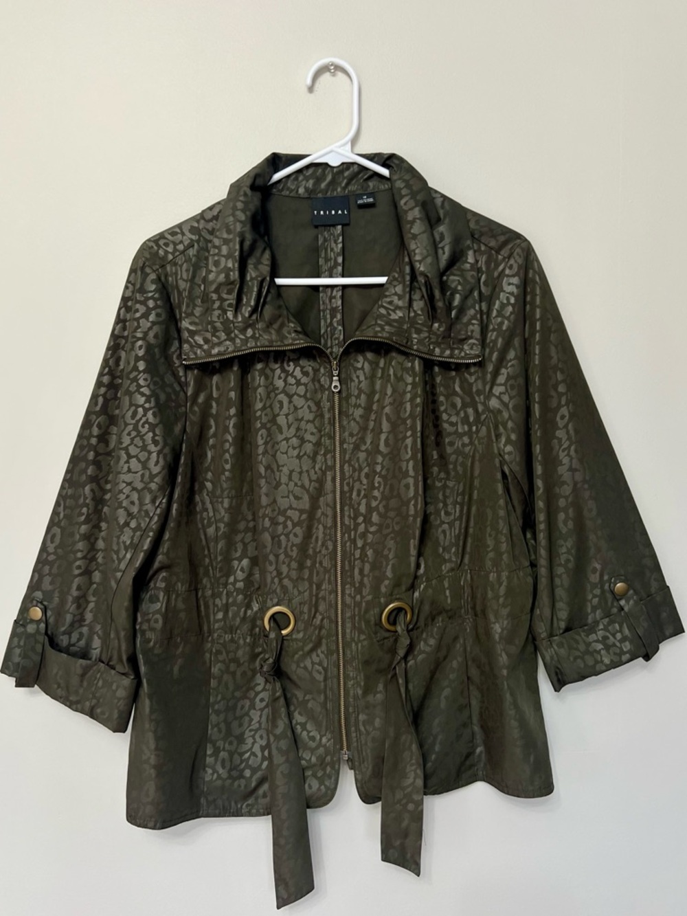 Tribal Olive Green Utility Jacket with monochromatic Animal Print